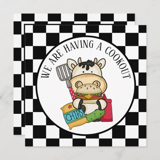 かわいいハンバーガー牛の調理パーティー 招待状 (正面/裏面)