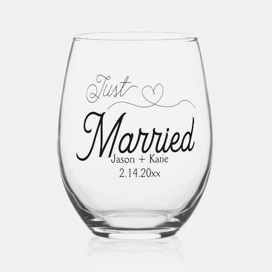 かわいいハートたった今結婚しましたスクリプト名ウェディング日 ステムなしワイングラス (正面)