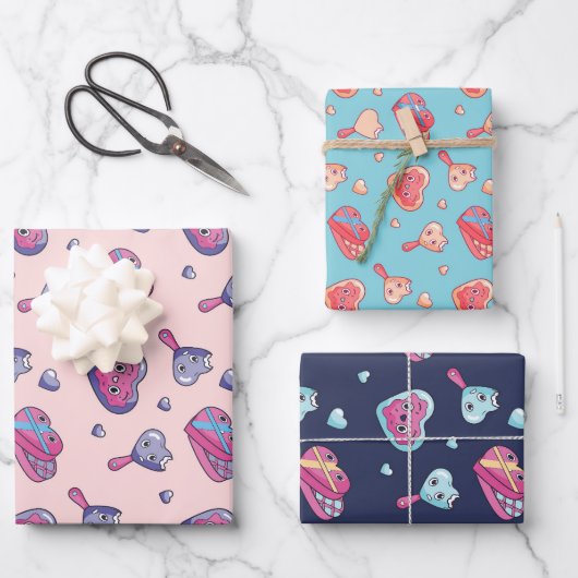 かわいいハートとラブドゥードルキュートバレンタインデー ラッピングペーパーシート (正面)