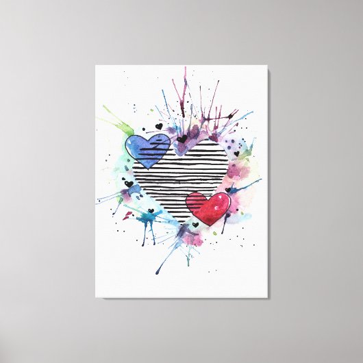かわいいハートと水彩画の洗濯 キャンバスプリント (正面)