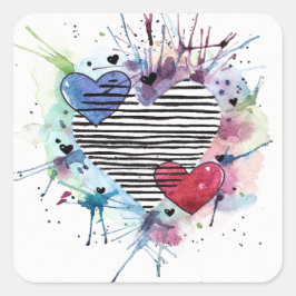 かわいいハートと水彩画の洗濯 スクエアシール