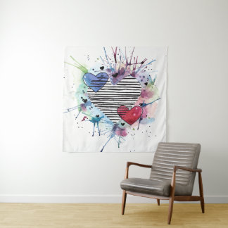 かわいいハートと水彩画の洗濯 タペストリー