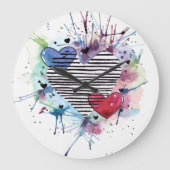 かわいいハートと水彩画の洗濯 ラージ壁時計 (正面)