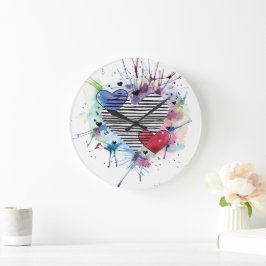 かわいいハートと水彩画の洗濯 ラージ壁時計