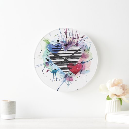 かわいいハートと水彩画の洗濯 ラージ壁時計 (ホーム)