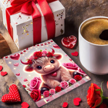 かわいいハートのハイランド牛バレンタインカード