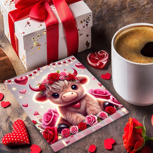 かわいいハートのハイランド牛バレンタインカード シーズンカード