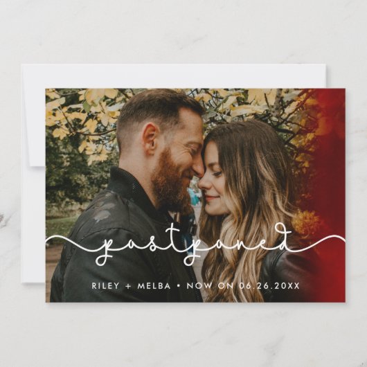 かわいいハートのフォント 延期のお写真カード 案内状 (正面)