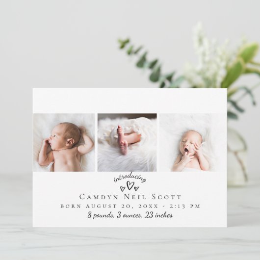 かわいいハートの写真のストリップの誕生の発表 サンキューカード (スタンド正面)