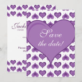 かわいいハートの結婚式Save the Dateカード 紫 セーブザデート (正面/裏面)