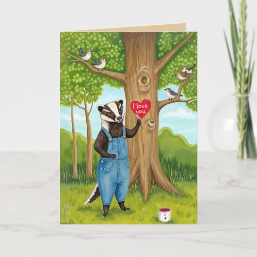 かわいいハートの絵のクマと鳥たち 愛してる カード (正面)