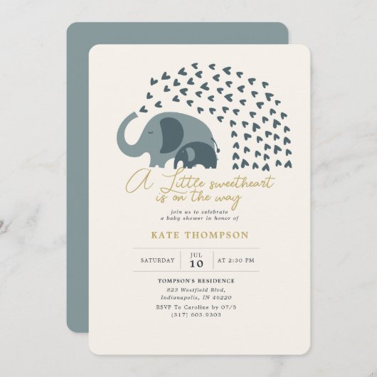 かわいいハートの象の男の子のベビーシャワー 招待状 (正面/裏面)