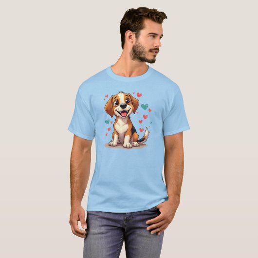 かわいいハートの遊び好きなビーグル犬 Tシャツ (正面フル)