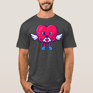 かわいいハートエンジェルとラブサインの漫画 Tシャツ