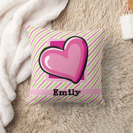 かわいいハートオンピンク&ライムグリーンストライプズ クッション (ブランケット)