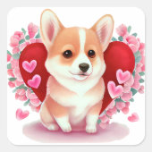 かわいいハートコーギー犬のバレンタイン スクエアシール (正面)