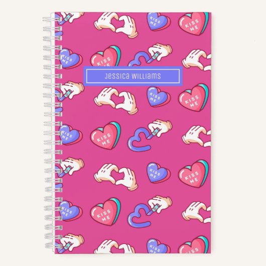 かわいいハートサイン落書きパターン ティーンラブ ピンク ノートブック (正面)