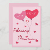 かわいいハートテーマピンクと赤 招待状 (正面/裏面)