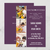 かわいいハートパープルウェディング3枚写真招待状 招待状 (正面/裏面)