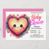 かわいいハートピンクハート赤ちゃんシャワー 招待状 (正面/裏面)