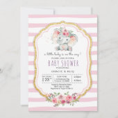 かわいいハートベビーゾウ女の子の赤ちゃんシャワー 招待状 (正面)