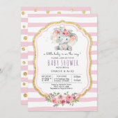 かわいいハートベビーゾウ女の子の赤ちゃんシャワー 招待状 (正面/裏面)