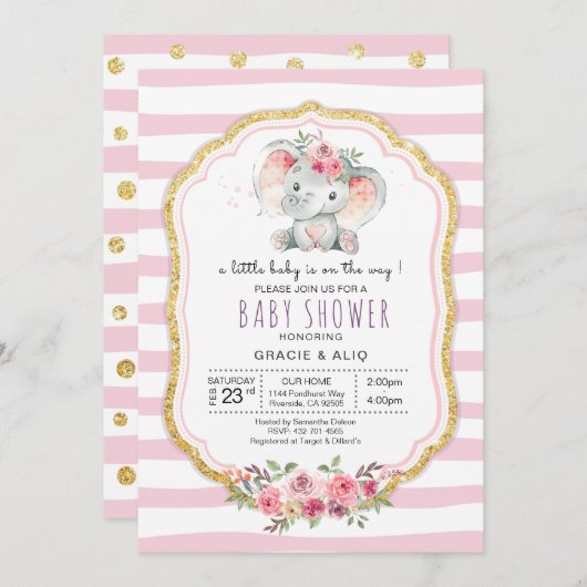 かわいいハートベビーゾウ女の子の赤ちゃんシャワー 招待状 (正面/裏面)
