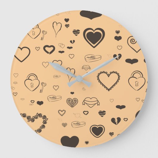 かわいいハートモダンダークグレーパターン ラージ壁時計 (正面)