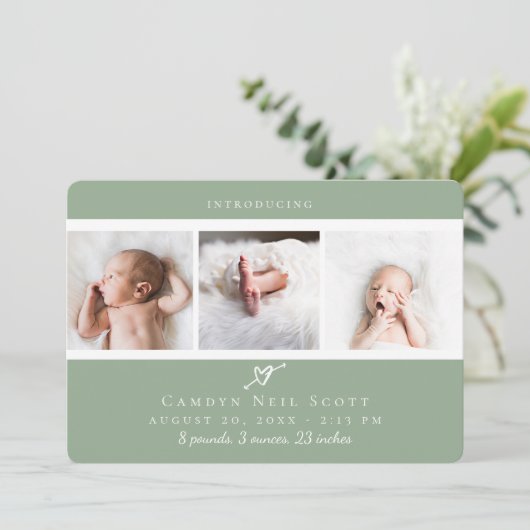 かわいいハート写真ストリップ誕生告知セージ サンキューカード (スタンド正面)