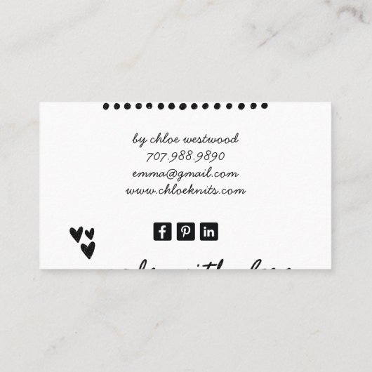 かわいいハート型糸手作りニット製品 名刺 (裏面)