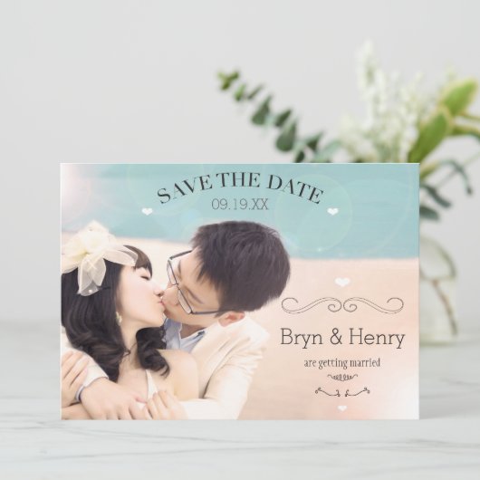 かわいいハート波曲線の渦巻き写真の保存日付 招待状 (スタンド正面)