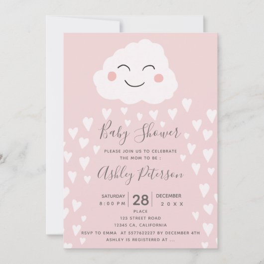 かわいいハート雲イラストレーションピンクのベビーシャワー 招待状 (正面)