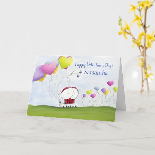 かわいいハート風船のレディバグ カード (黄色い花)