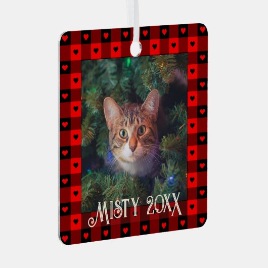かわいいバイソン柄のハート カスタム猫 ペット クリスマス メタルオーナメント (正面右)