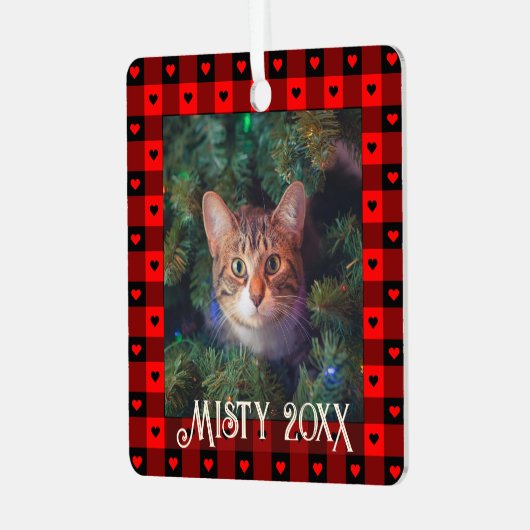 かわいいバイソン柄のハート カスタム猫 ペット クリスマス メタルオーナメント (正面左)