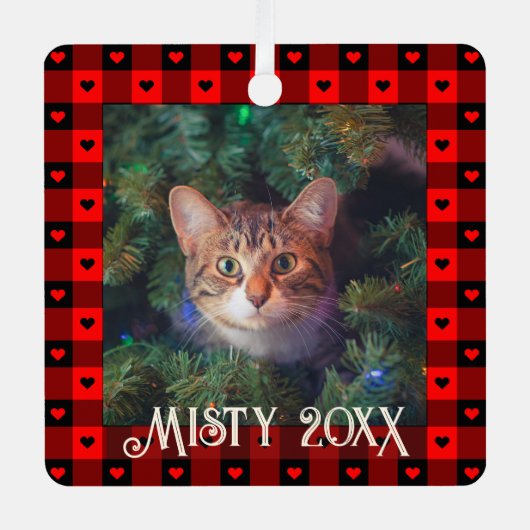 かわいいバイソン柄のハート カスタム猫 ペット クリスマス メタルオーナメント (正面)