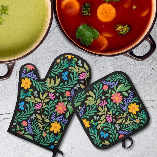 かわいいバグおもしろいフローラガーリー春夏のパターン 鍋つかみ&鍋敷きセット