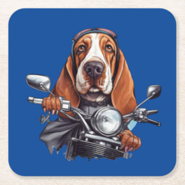 かわいいバセットハウンドのドライバー、クールな犬のバイク乗り スクエアペーパーコースター