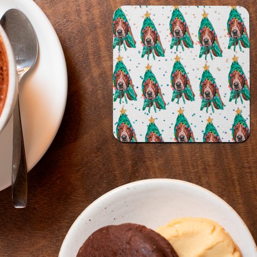 かわいいバセットハウンドドッグパターンクリスマス スクエアペーパーコースター