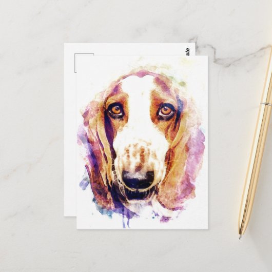 かわいいバセットハウンドドッグ顔水彩色 ポストカード (正面/裏面インサイチュ)