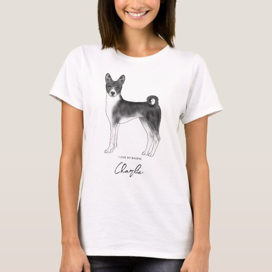 かわいいバセンジー犬のモノクロデザイン+カスタムテキスト Tシャツ (正面)