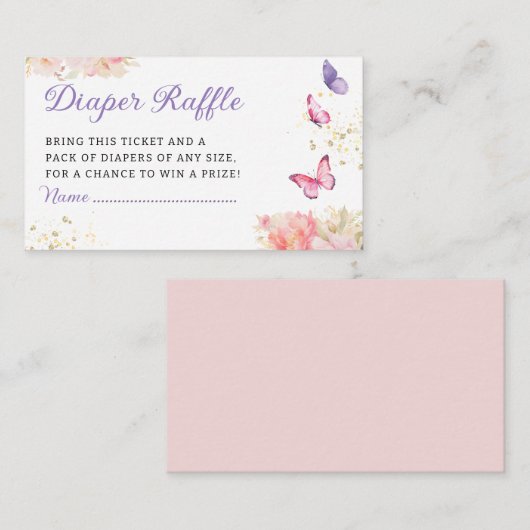 かわいいバタフライベビーシャワーおむつラッフルチケット エンクロージャーカード (正面/裏面)