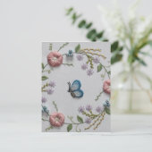 かわいいバタフライミントグリーンピンク刺繍フローラ ポストカード (スタンド正面)