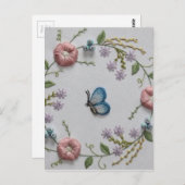 かわいいバタフライミントグリーンピンク刺繍フローラ ポストカード (正面/裏面)