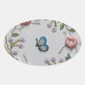 かわいいバタフライミントグリーンピンク刺繍フローラ 楕円形シール (正面)