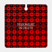 かわいいバッファロープレイドハートカスタムカップルのクリスマス メタルオーナメント (裏面)