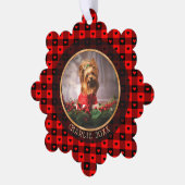 かわいいバッファロープレイドハートカスタムドッグペットクリスマス オーナメントカード (左)