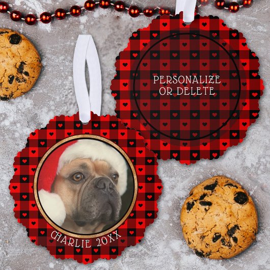 かわいいバッファロープレイドハートカスタムドッグペットクリスマス オーナメントカード