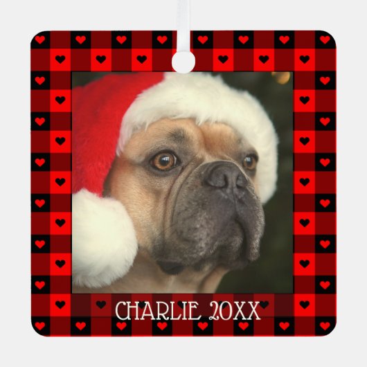 かわいいバッファロープレイドハートカスタムドッグペットクリスマス メタルオーナメント (正面)