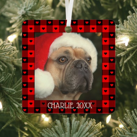 かわいいバッファロープレイドハートカスタムドッグペットクリスマス メタルオーナメント (インサイチュ)